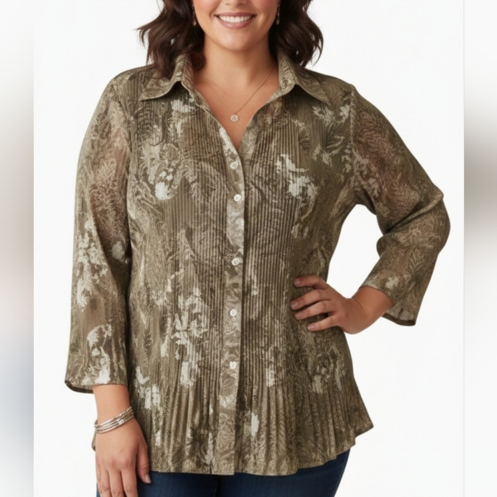 Sere Nade Olive Green Blouse Size 2X Pleated Long Sleeve